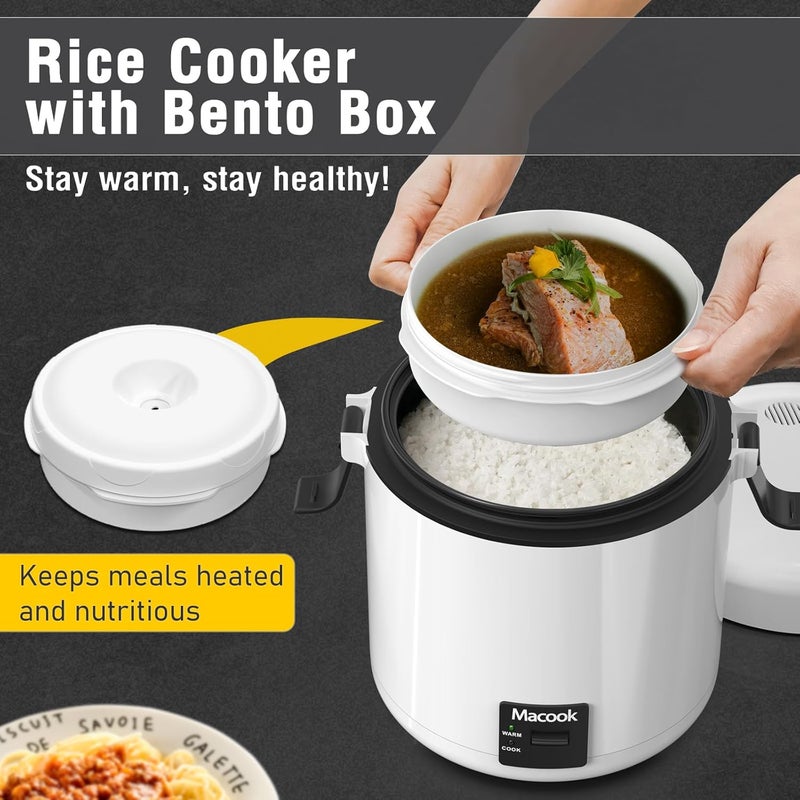Macook Mini Rice Cooker 1-1.5 Cups Uncooked(3 Cups Cooked), Rice Cooker Small with Bento Box, Removable Nonstick Pot, One Touch&Keep Warm Function, Portable Cooker for Soup Grain Oatmeal Veggie, Black - Image 2